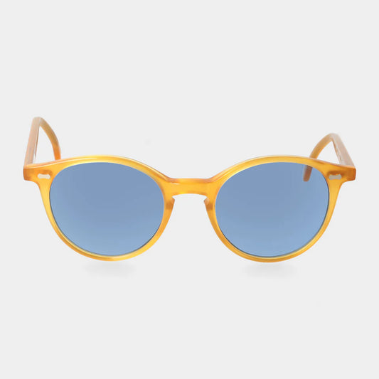 Sunglasses with yellow frame and blue lenses on a white background - Dei Duchi