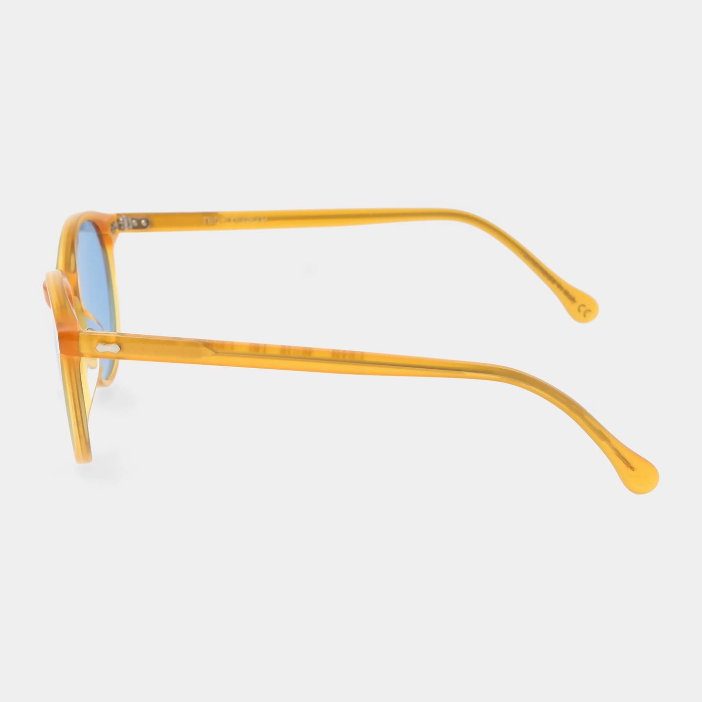 Sunglasses with yellow frame and blue lenses on a white background - Dei Duchi