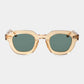Gold-framed sunglasses with green lenses on a light gray background - Dei Duchi