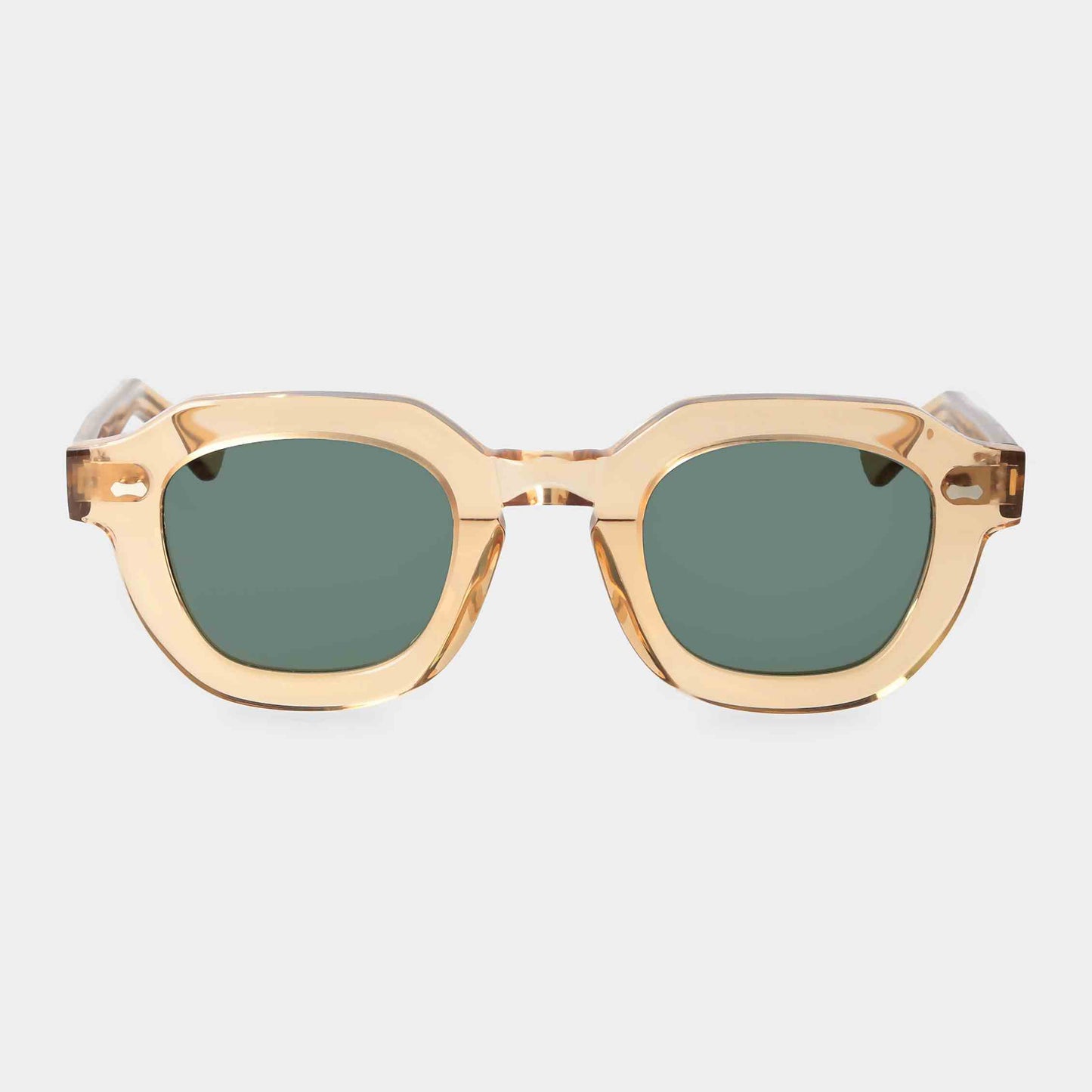 Gold-framed sunglasses with green lenses on a light gray background - Dei Duchi