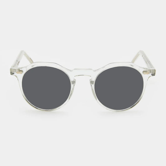 Round sunglasses with clear frame and grey lenses on a white background. - DEI DUCHI