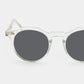 Round sunglasses with clear frame and grey lenses on a white background. - DEI DUCHI