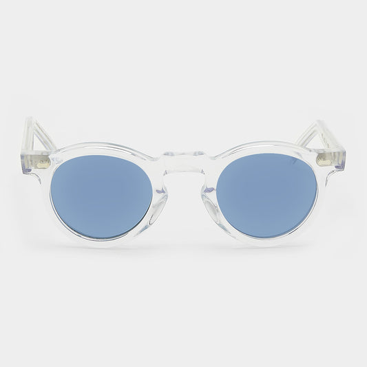 Clear frame sunglasses with blue lenses on a white background. - DEI DUCHI